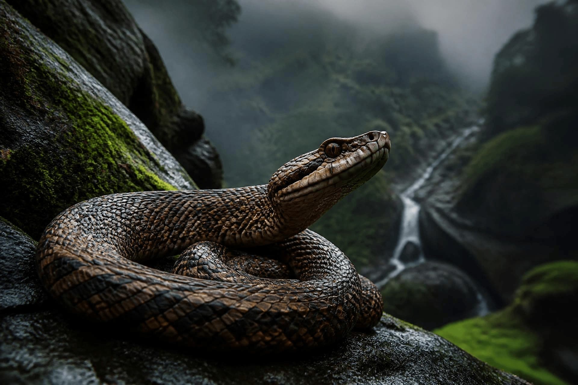 A viper on a mossy rock in a misty mountain valley